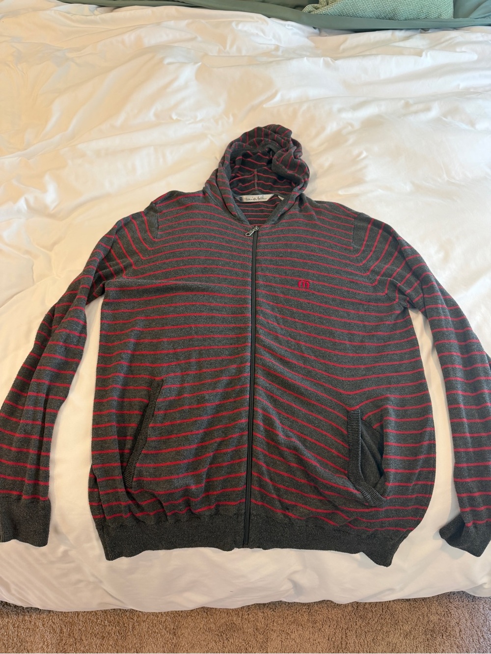 Travis Mathew Men's Gray & Red Striped Zip Hoodie Sweater